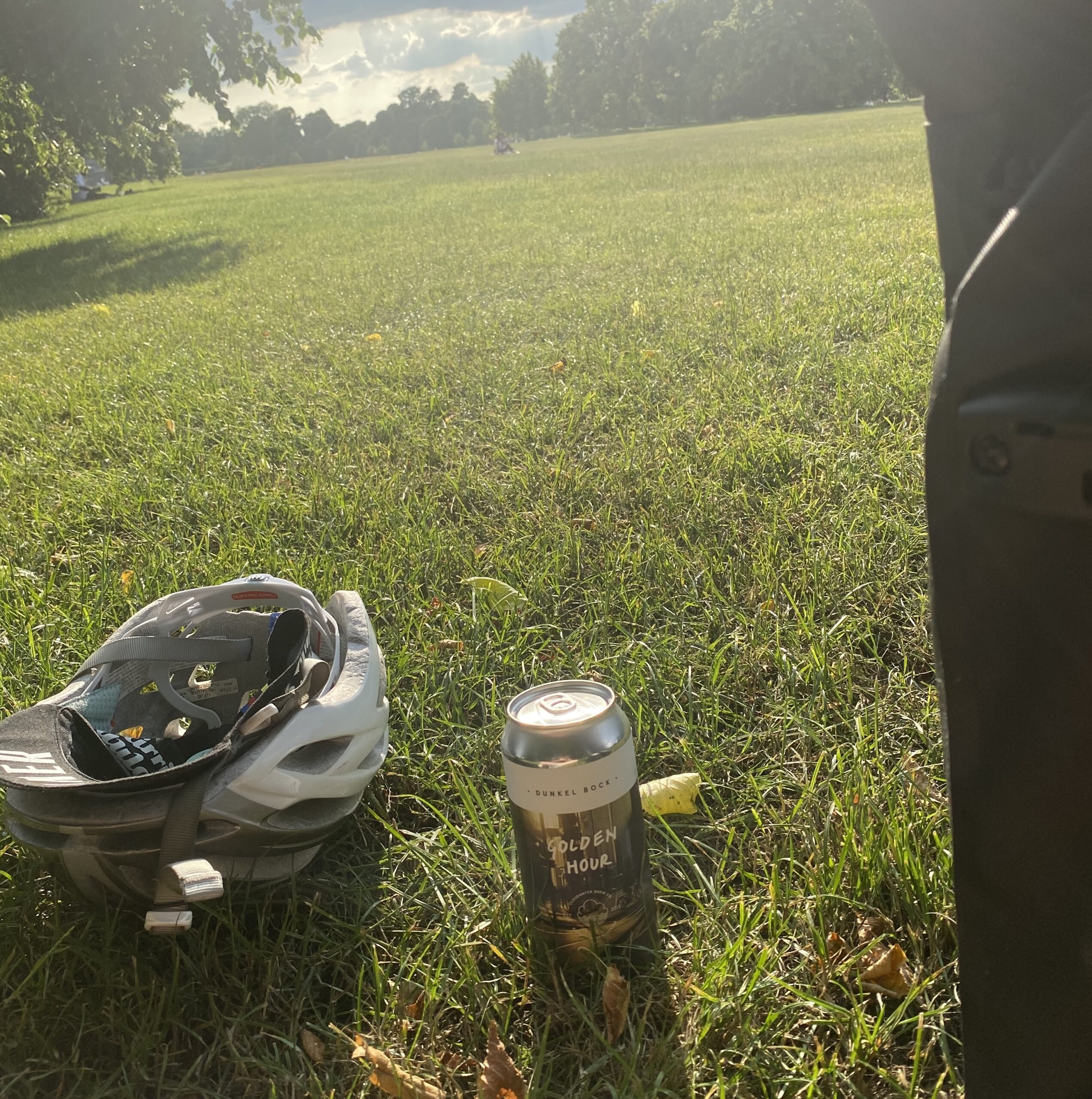 Bicycle helmet and beer in the grass in a park